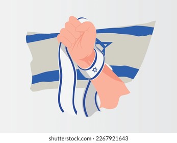 Israel flag vector. Hand holding Israel flag. Hand holding Israeli stripe ribbon with israel flag in the background.