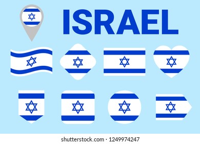 Israel flag vector set. Geometric shapes. Flat style. Israeli natioanl symbols collection. Web, sports pages, national, travel, geographic, patriotic, design elements. isolated icons with state name