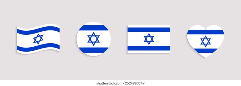 Israel flag vector set. Geometric shapes. Israeli national symbols collection. Web, national, travel, patriotic design elements. rectangle, round, love heart and waved flagstaff isolated icons