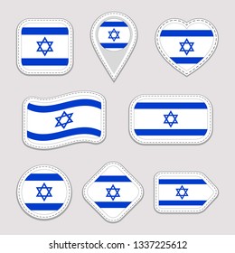 Israel flag vector set. stickers collection. Isolated geometric icons. Country national symbols badges. Web, sport page, patriotic, travel design elements. Different shapes