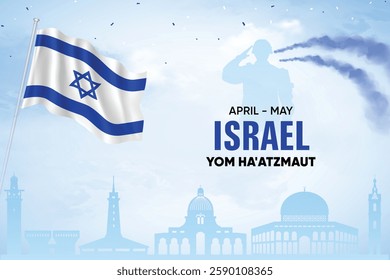 Israel Flag Waving On Skyline Background. Independence Day Concept Design Vector Illustration.