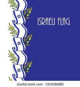 Israel flag wavy flapping in the wind isolated on white blue background. the flag is in white and blue colors with the star of David, olive. Border, vector illustration