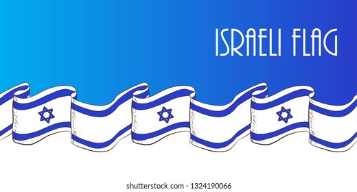 Israel flag wavy flapping in the wind isolated on  blue background. the flag is in white and blue colors with the star of David  Border, vector illustration