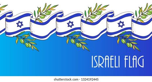 Israel flag wavy flapping in the wind isolated on white blue background. the flag is in white and blue colors with the star of David, olive. Border, Vector