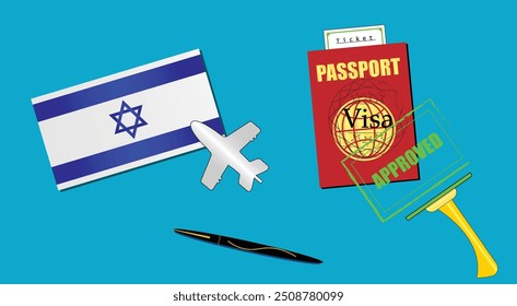 Israel flag with white plane icon. Passport with visa approved stamp. Black stylish Pen. Israeli Travel poster. Editable vector EPS available