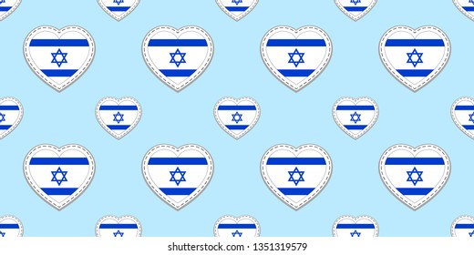 Israel flags background. Israeli flag seamless pattern. Vector stickers. Love hearts symbols. Good choice for sports pages, travel, patriotic, geographic, elements. patriotic wallpaper