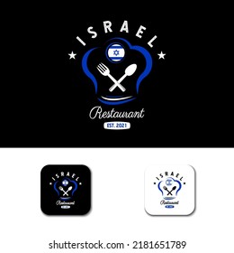 Israel Food Restaurant Logo. Israel flag symbol with Spoon, Fork, and chef hat icons. Premium and Luxury Logo