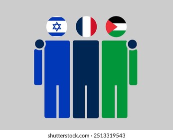 Israel, France, and Palestine National Flags With Embracing Body. Vector Illustration. Isolated background.