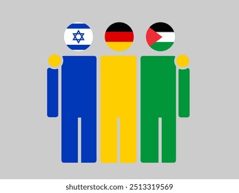 Israel, Germany, and Palestine National Flags With Embracing Body. Vector Illustration. Isolated background.