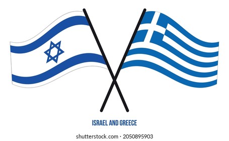 Israel and Greece Flags Crossed And Waving Flat Style. Official Proportion. Correct Colors.