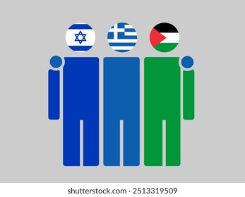 Israel, Greece, and Palestine National Flags With Embracing Body. Vector Illustration. Isolated background.