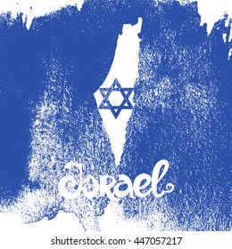 Israel. Grunge blue vector background with lettering and map.