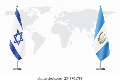 Israel and Guatemala flags for official meeting against background of world map.