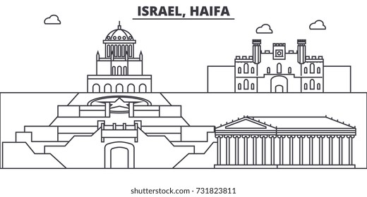 Israel, Haifa architecture line skyline illustration. Linear vector cityscape with famous landmarks, city sights, design icons. Landscape wtih editable strokes