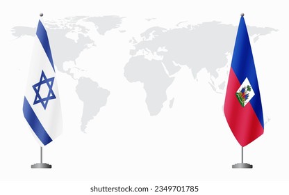 Israel and Haiti flags for official meeting against background of world map.