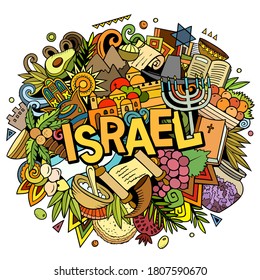 Israel hand drawn cartoon doodles illustration. Funny travel design. Creative art vector background. Handwritten text with Israeli symbols, elements and objects. Colorful composition