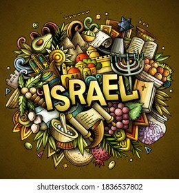 Israel hand drawn cartoon doodles illustration. Funny travel design. Creative art vector background. Handwritten text with Israeli symbols, elements and objects. Colorful composition