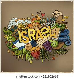 Israel hand lettering and doodles elements and symbols background. Vector hand drawn illustration