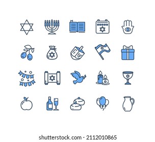 Israel Hanukkah Sign Color Thin Line Icon Set Include of David Star and Hamsa. Vector illustration of Icons