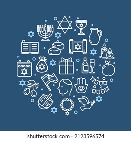 Israel Hanukkah Sign Round Design Template Thin Line Icon Banner on a Blue Background. Vector illustration