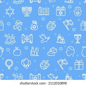 Israel Hanukkah Sign Thin Line Seamless Pattern Background for Web and App Design on a Blue. Vector illustration