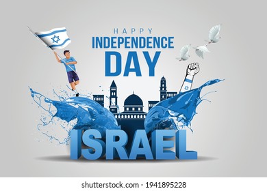 Israel happy independence Day celebrations with 15th April Israel 3d text and buildings, holding hand, man running with israel flag. vector illustration design