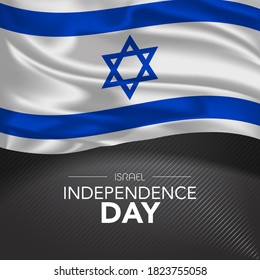 Israel happy independence day greeting card, banner, vector illustration. Israeli memorial holiday design element with realistic flag with stripes, square format