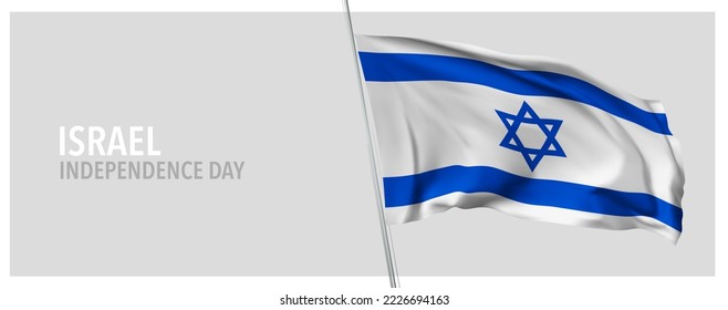 Israel happy independence day greeting card, banner with template text vector illustration. Israeli memorial holiday design element with 3D flag with stripes