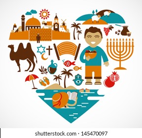 Israel - heart with a lot of vector icons and illustrations