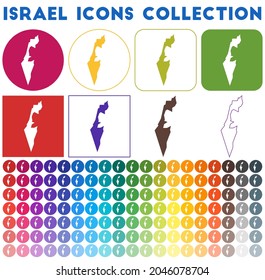 Israel icons collection. Bright colorful trendy map icons. Modern Israel badge with country map. Vector illustration.