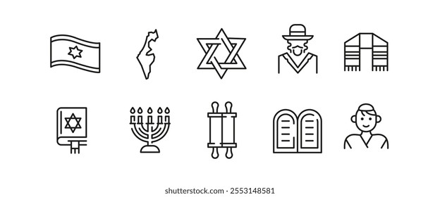 Israel icons. Set of 10 Israel trendy minimal icons. Example: Star of David, Dreidel, Menorah, Rabbi, Torah icon. Design signs for web page, mobile app, packaging design. Vector illustration