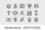 Israel icons. Set of 15 Israel trendy minimal icons. Example: Star of David, Dreidel, Menorah, Rabbi, Torah icon. Design signs for web page, mobile app, packaging design. Vector illustration