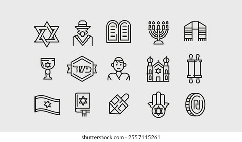 Israel icons. Set of 15 Israel trendy minimal icons. Example: Star of David, Dreidel, Menorah, Rabbi, Torah icon. Design signs for web page, mobile app, packaging design. Vector illustration