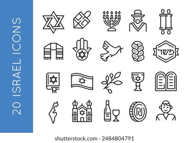 Israel-Symbole. Set von 20 Israel trendige minimale Icons. Beispiel: Davidstern, Dreidel, Menorah, Rabbi, Thora-Ikone. Designschilder für Web-Seite, mobile App, Verpackungsdesign. Vektorillustration