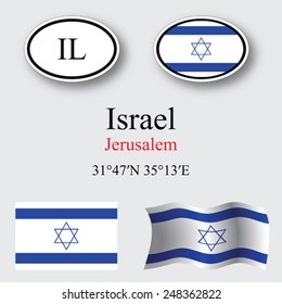 Israel icons set against gray background, abstract vector art illustration, image contains transparency
