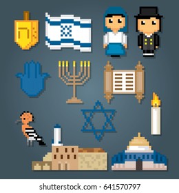 Israel icons set. Pixel art. Old school computer graphic style. Games elements.