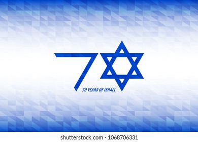 Israel Independence Day. 70 years of Israel banner. Flag colors on blue white geometric background. Horizontal design. Vector illustration