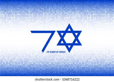 Israel Independence Day. 70 years of Israel banner. Flag colors on blue white digital pixel background. Horizontal design. Vector illustration