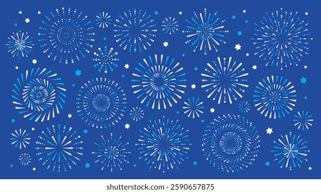 Israel Independence Day background with fireworks and confetti. Isolated objects on a blue background. Vector illustration. Design elements for posters, banners, and greeting cards