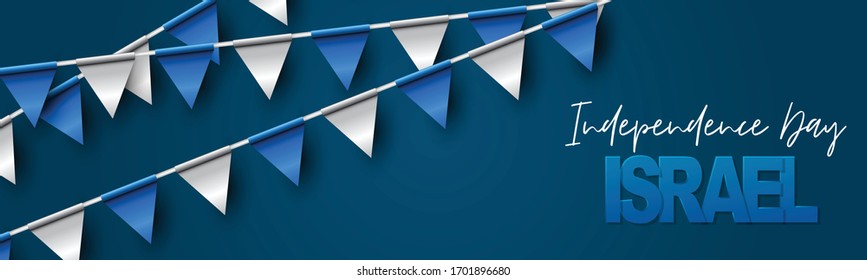 Banner del Día de la Independencia de Israel o encabezado del sitio. Plantilla de diseño de vacaciones nacionales. Fondo simbólico israelí con colores de bandera azul y blanco que agrupan la guirnalda y el pentáculo. Ilustración vectorial.