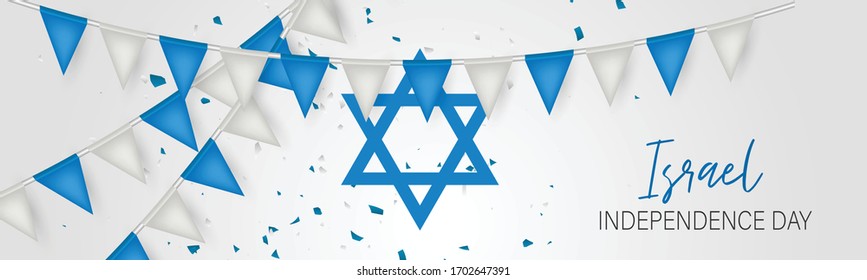 Israel Independence Day banner or site header. National holiday design template. Israeli symbolics background with blue and white flag colors bunting garland and the pentacle. Vector illustration.