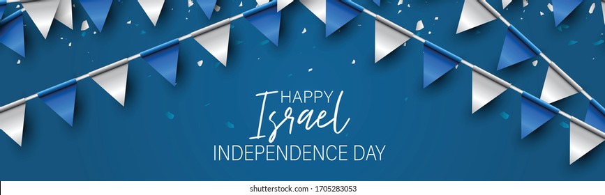 Israel Independence Day banner or site header. National holiday design template. Israeli symbolics background with blue and white flag colors bunting garland and the pentacle. Vector illustration.