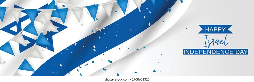 Banner del Día de la Independencia de Israel o encabezado del sitio. Plantilla de diseño de vacaciones nacionales. Fondo simbólico israelí con bandera ondulada azul y blanca. Ilustración vectorial.