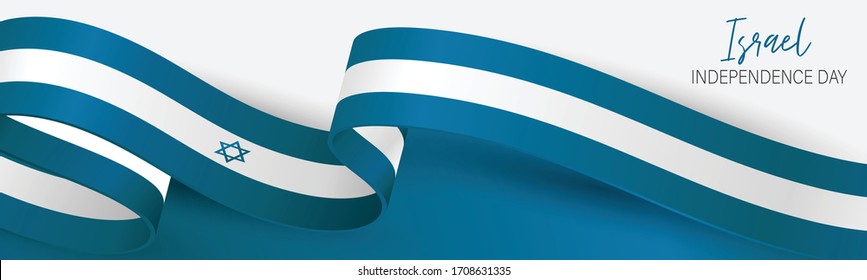 Israel Independence Day banner or site header. National holiday design template. Israeli symbolics background with blue and white flag ribbon. Vector illustration.
