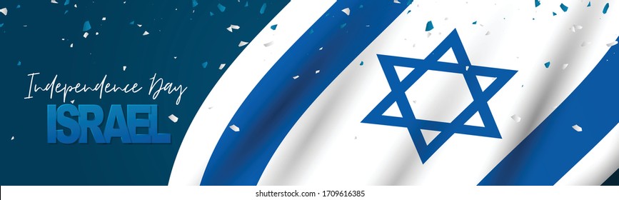 Israel Independence Day banner or site header. National holiday design template. Israeli symbolics background with blue and white flag. Vector illustration.