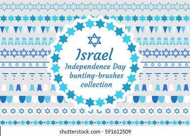 Israel Independence Day bunting-brushes collection. Jewish holiday brush, border, flag, ornament set. Vector illustration