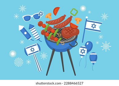 Israel Independence day concept picnic party with bbq grill, barbecue meat and holiday decorations. Vector illustration