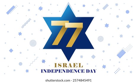 Israel Independence Day creative card with magen David and memphis elements. Greeting banner with 77th years anniversary Yom Ha'atzmaut, vector logo