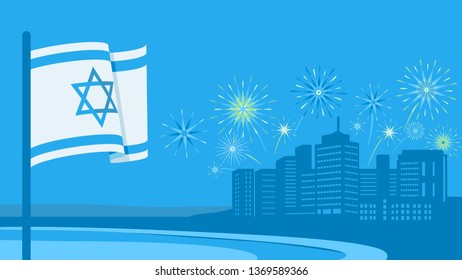 Israel Independence Day design for poster, banner and web. Silhouette of night city with fireworks and Israel flag. 