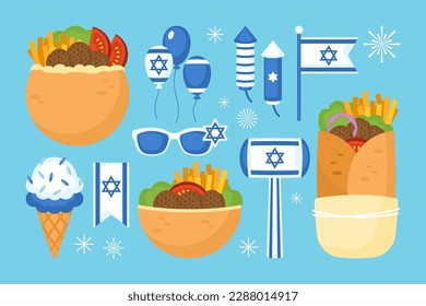 Israel Independence day element set with falafel in pita bread and holiday decorations. Vector illustration